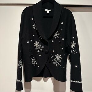 Black Cardigan with Snowflake Embroidery